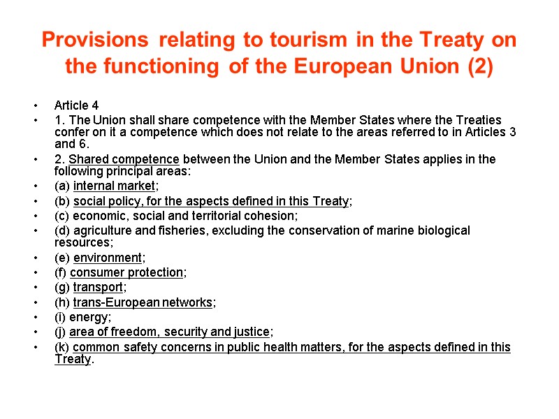 Provisions relating to tourism in the Treaty on the functioning of the European Union